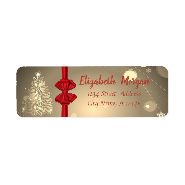 Etiqueta Árvore de Natal Dourada, Laço Vermelho, Feriado (Frente)