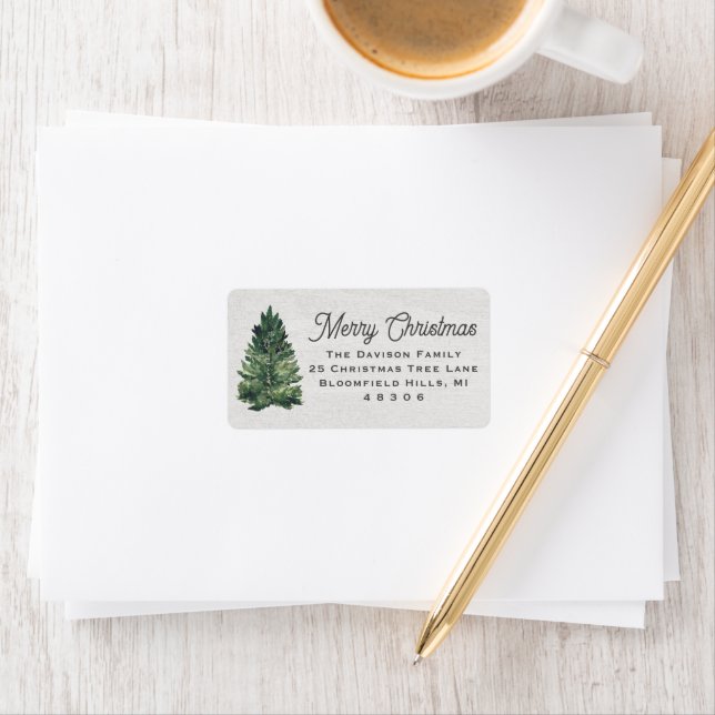 Etiqueta Árvore de Natal em Aquarela Endereço de Remetente (Insitu)