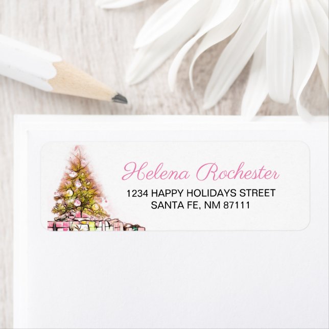 Etiqueta Árvore de Natal rosa doce e apresenta feriado (Insitu)