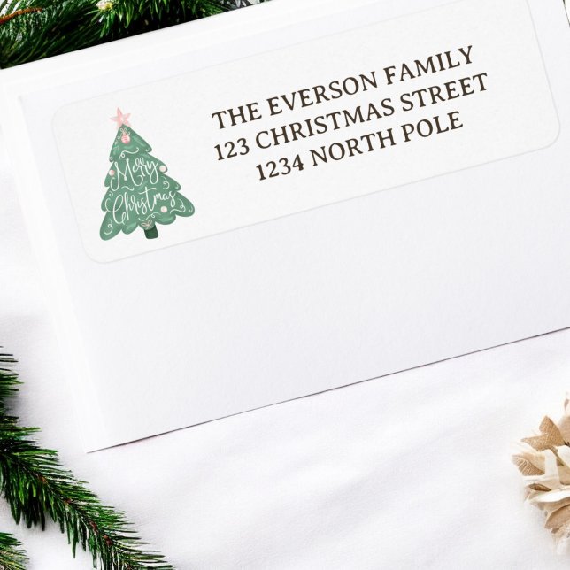 Etiqueta Árvore de natal verde-cinzenta-branca-pastel (Whimsical pastel pink green merry christmas tree label)