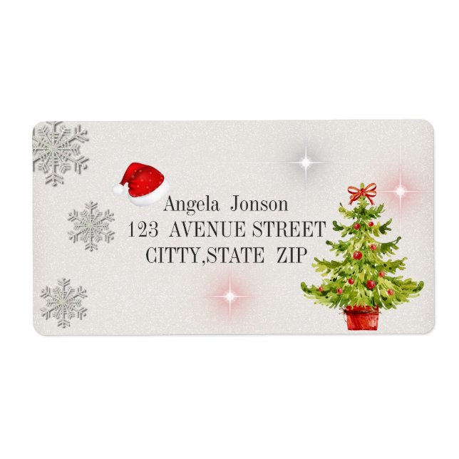 Etiqueta Árvore Natal Aquarela, Santa Hat, Glitter (Frente)