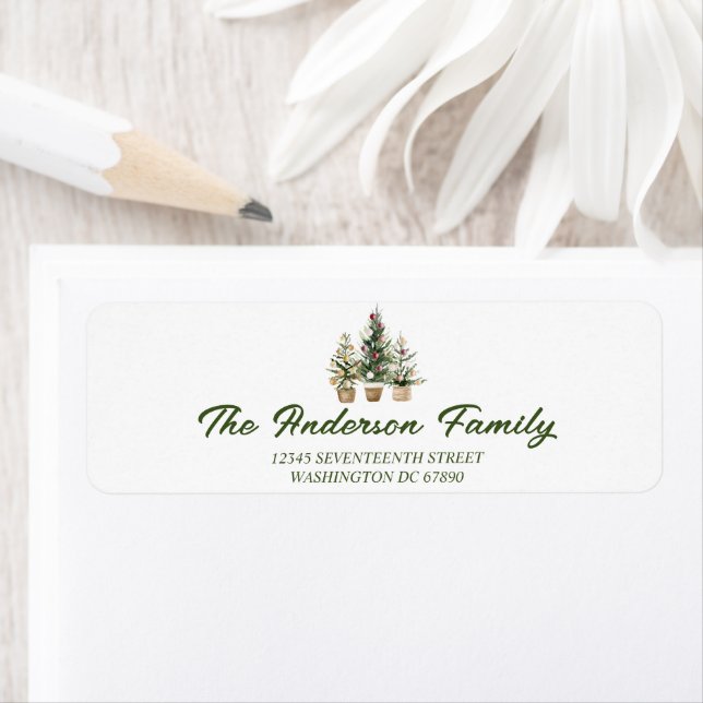 Etiqueta Árvores de ornamentos vermelhos de aquarela Feliz  (Insitu)