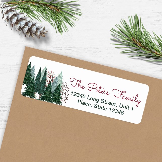 Etiqueta Árvores de Pinheiro Verde Rústico | Natal (Rustic Green Pine Trees | Holiday Christmas Label)