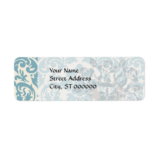 Etiqueta azul e creme padrão de flores damasco (Frente)