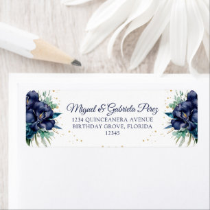 Etiqueta Azul Naval Floral Brilho Dourado Endereço de Remet