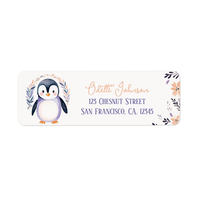 Etiqueta Baby Penguin Boho Floral Design - Endereço de devo (Frente)