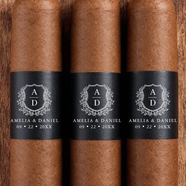 Etiqueta Banda de Charutos Brancos Negra Monograma de Casam (Criador carregado)