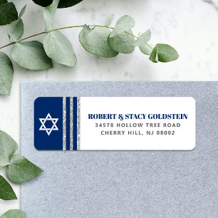 Etiqueta Bar Mitzvah Azul Marinho Prateado Tallit Endereço 