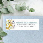 Etiqueta Bat Mitzvah Dourada Árvore Azul da Vida Endereço d<br><div class="desc">Tenha orgulho, alegria e mostre este marco do seu Bat Mitzvah favorito com esta divertida, sofisticada e personalizada etiqueta de endereço de retorno! Uma folha de ouro falso, impressionante, gráfica, com tartaruga cintilante, chaleira, púrpura e azul de David e "folhas" de ponto sobre um fundo branco. Personalize o texto personalizado...</div>