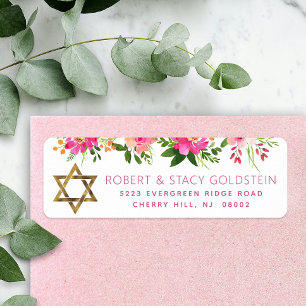 Etiqueta Bat Mitzvah Floral Pink Dourado Girly Endereço de
