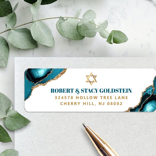 Etiqueta Bat Mitzvah Modern Dourado Turquoise Agate Endereç (Criador carregado)