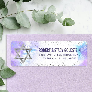 Etiqueta Bat Mitzvah Silver Foil Purple Watercolor Address