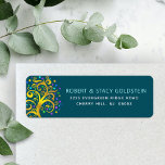 Etiqueta Bat Mitzvah Teal Dourada Tree Life Return Endereço<br><div class="desc">Tenha orgulho, alegria e mostre este marco do seu Bat Mitzvah favorito com esta divertida, sofisticada e personalizada etiqueta de endereço de retorno! Uma folha de ouro falso, impressionante, gráfica, com tartaruga cintilante, chaleira, púrpura e azul de David e "folhas" de ponto sobre um fundo azul-téal rico e escuro. Personalize...</div>
