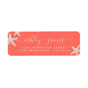 Etiqueta Beach Starfish Bright Coral Wedding Endereço de de