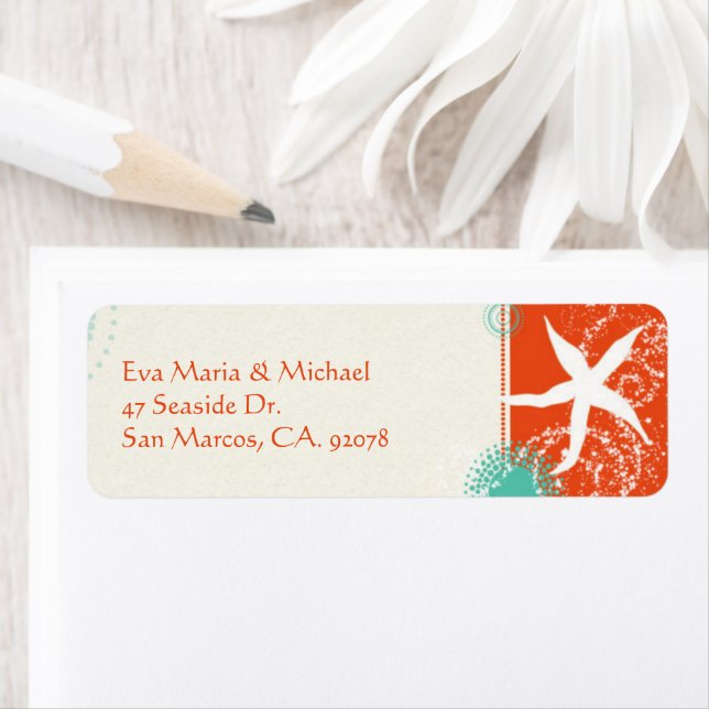 Etiqueta Beach Starfish Red Aqua Weding Endereço de devoluç (Insitu)