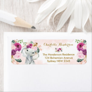 Etiqueta Bebê-Bebê-Elefante Floral Roxo