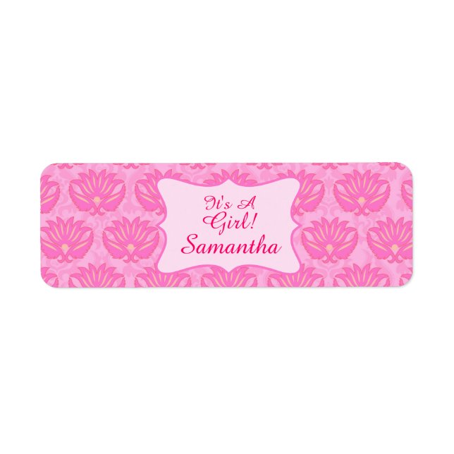 Etiqueta Bebê, Damask Rosa, Nome Particularmente Nascido (Frente)