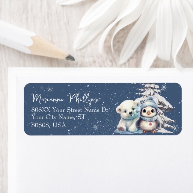 Etiqueta Bebê Pinguim Fofo e Filhote de Urso Polar Azul (Insitu)