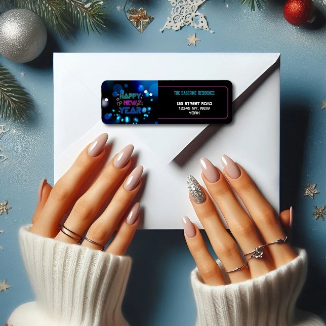 Etiqueta Black & Blue Midnight Sparkle Neon Glow New Year  (Criador carregado)