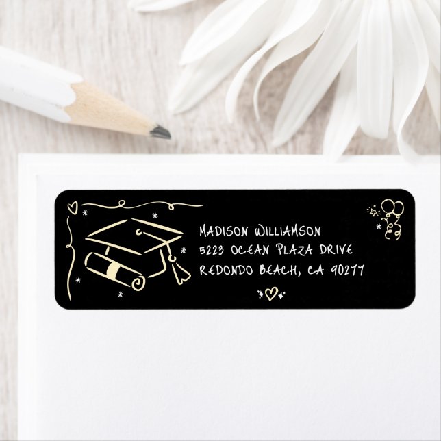 Etiqueta Black Gold Hand Drawn Doodles Graduate Cap Address (Insitu)