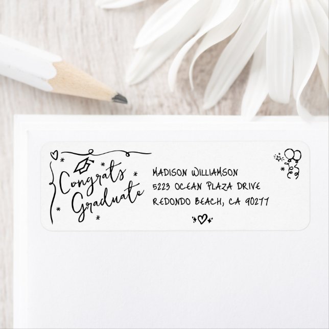 Etiqueta Black Hand Drawn Doodle Graduation White Address (Insitu)