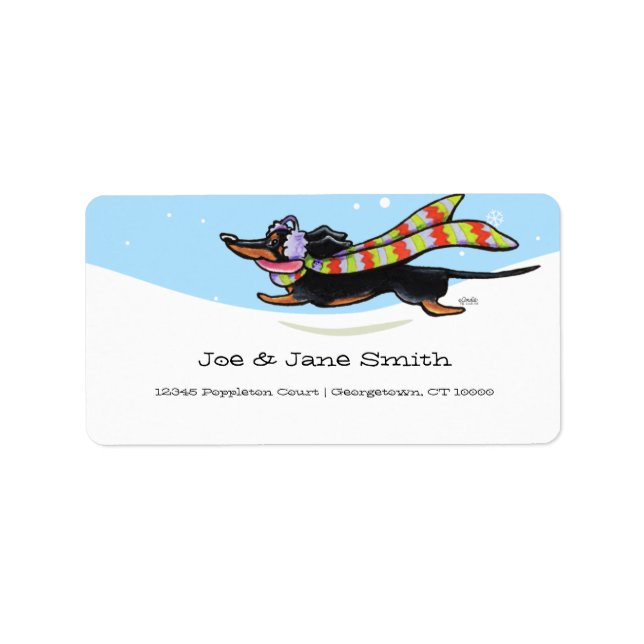 Etiqueta Black Tan Dachshund Cold Run Winter (Frente)