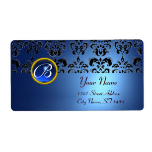 Etiqueta BLUE BLACK DAMASK MONOGRAM,sapphire turquase