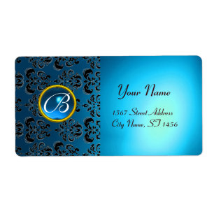 Etiqueta BLUE BLACK DAMASK MONOGRAM,sapphire turquase