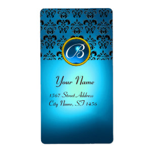 Etiqueta BLUE BLACK DAMASK MONOGRAM,sapphire turquase
