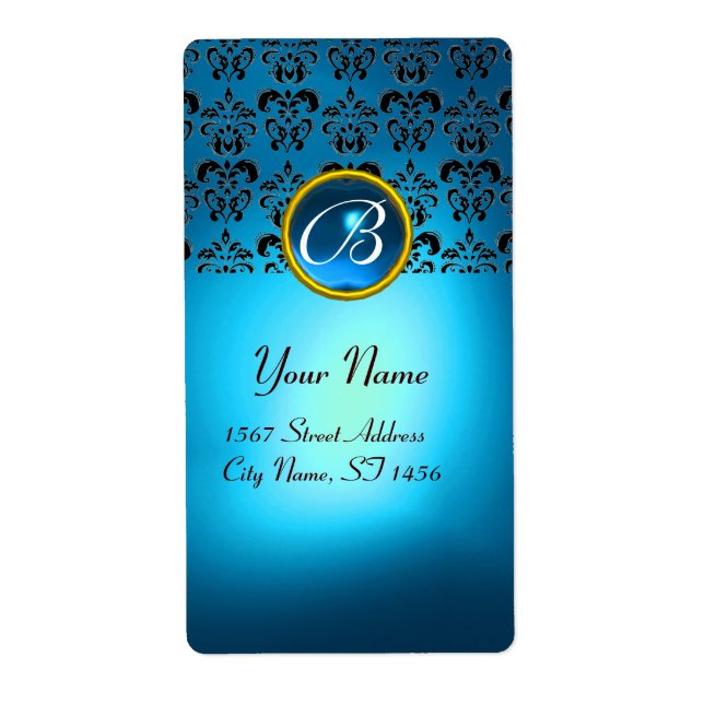 Etiqueta BLUE BLACK DAMASK MONOGRAM,sapphire turquase (Frente)