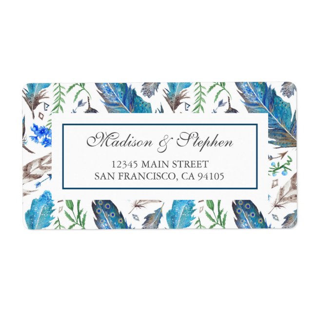 Etiqueta Blue Boho Aztec Watercolor - Casamento (Frente)