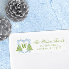 Etiqueta Blue Chinoiserie Árvore Natal Monograma Crest