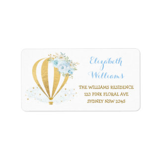 Etiqueta Blue Dourado Floral Hot Air Balloon Return Endereç