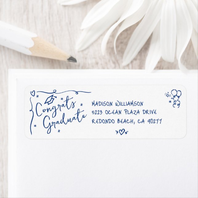 Etiqueta Blue Hand Drawn Doodle Graduation White Address (Insitu)