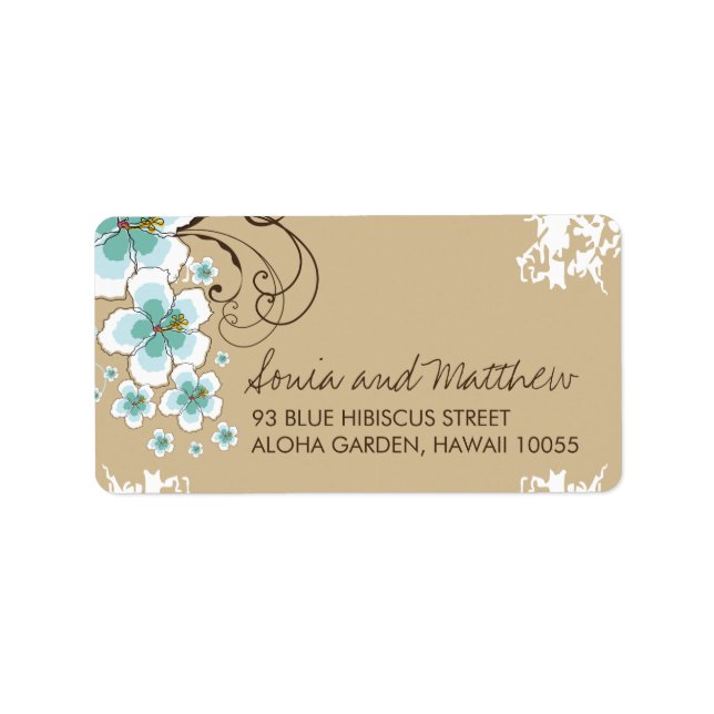 Etiqueta Blue Tropical Hibiscus Beach Wedding Endereço (Frente)