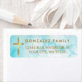 Etiqueta Blue Watercolor Faux Gold Foil Cross Address