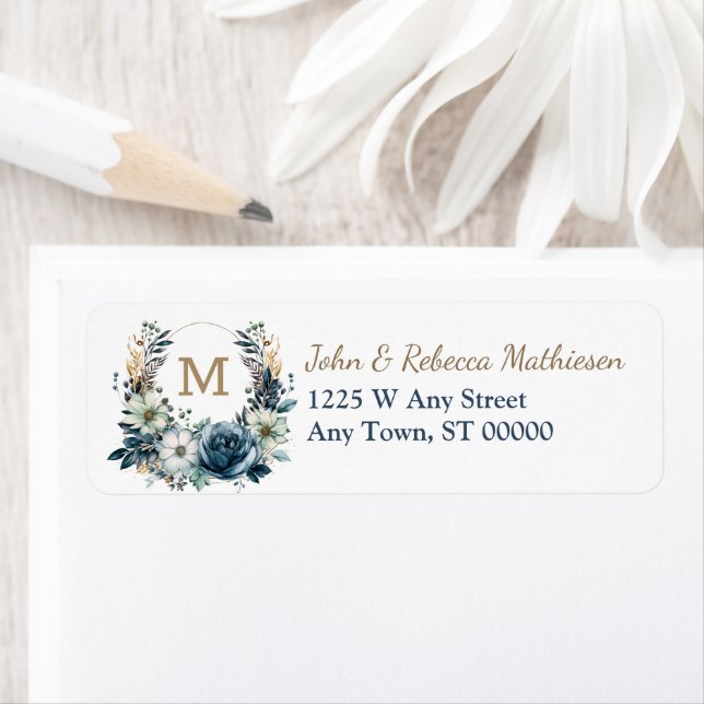 Etiqueta Boho Blue Floral Wreath Monograma Endereço de devo (Insitu)