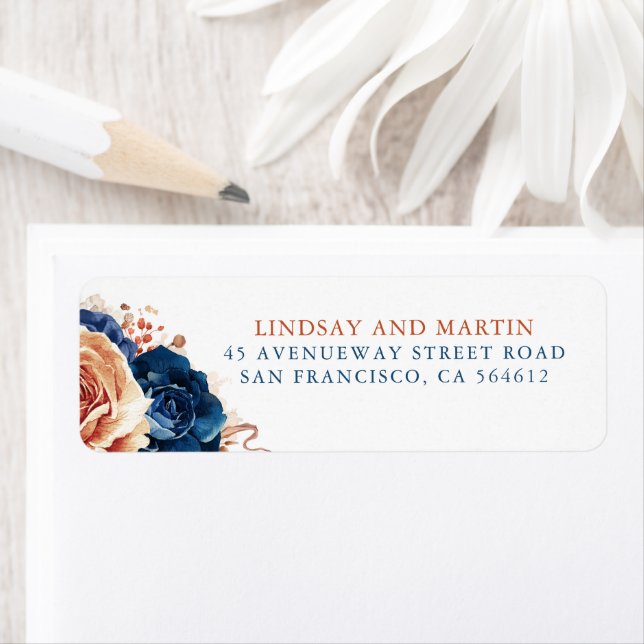 Etiqueta Boho Elegante Flores Azul Marinho Terraco (Insitu)