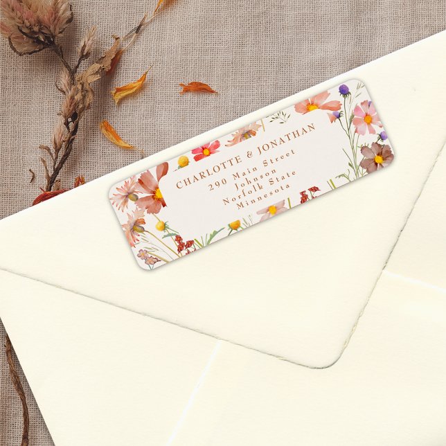 Etiqueta Boho Fall Floral Terracotta Beige Wedding (Terracotta beige cream ivory burnt orange Wildflower fall Wedding return address label watercolor)