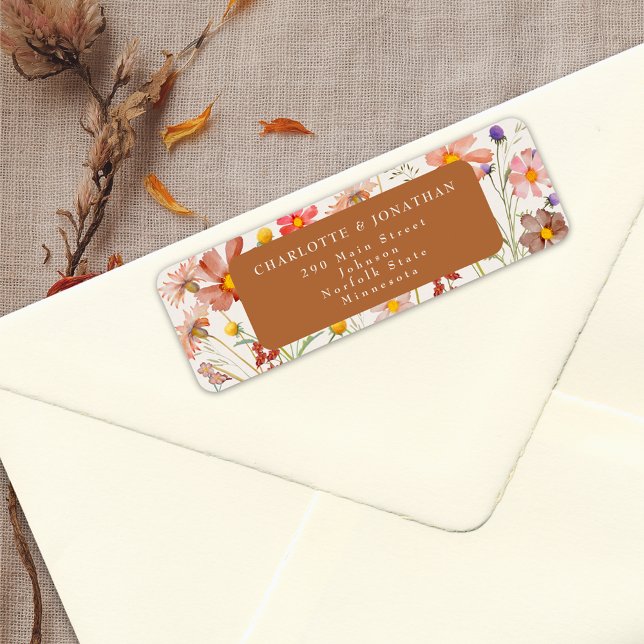 Etiqueta Boho Fall Floral Wedding (Elegant boho fall floral wedding return address label watercolor wildflowers burnt orange beige)