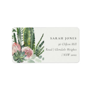 ETIQUETA BOHO PINK FLORAL CACTI FOLIAGE WATERCOLOR ADDRESS