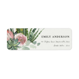 ETIQUETA BOHO PINK FLORAL CACTI FOLIAGE WATERCOLOR ENDEREÇO