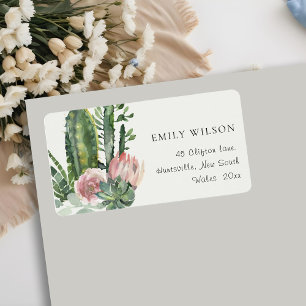 ETIQUETA BOHO PINK FLORAL CACTI FOLIAGE WATERCOLOR ENDEREÇO