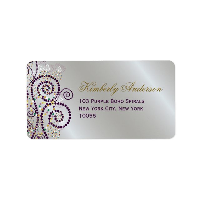 Etiqueta Boho Purple Spirals Elegant Wedding Address Labs (Frente)
