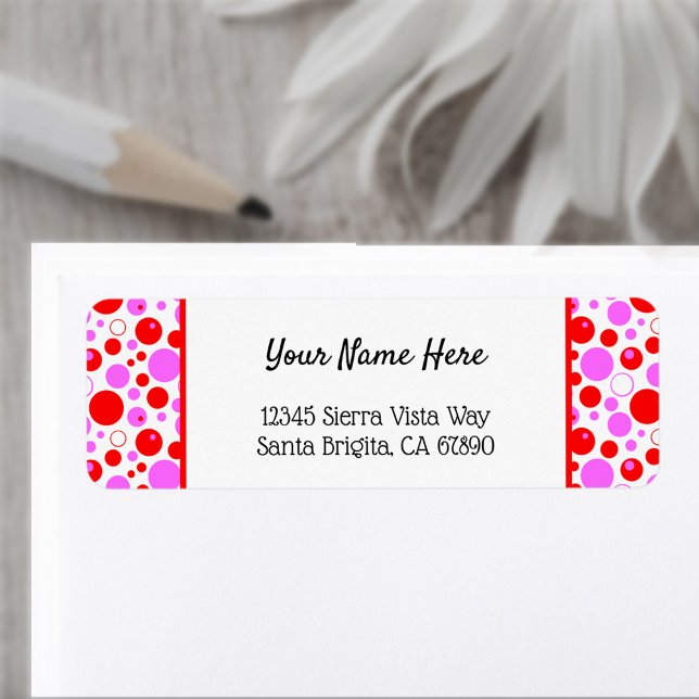 Etiqueta Bolinhas e círculos rosa vermelhos - Retorno editá (Pink and red polka dots custom return address labels)