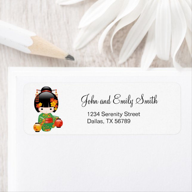 Etiqueta Boneca Kokeshi verde Kimono Geisha (Insitu)