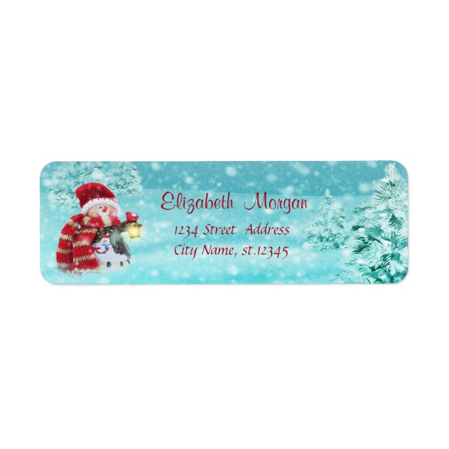 Etiqueta Boneco de Neve Fofo Com Chapéu de Papai Noel, Flor (Frente)