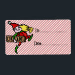 Etiqueta Bonita Vintage Candy Christmas Elf Personalizável<br><div class="desc">Este elfo de Papais noeis de Natal está saltando e carregando um pedaço gigante de doce e um bar de chocolate. Ele está vestindo macacos vermelhos com um chapéu vermelho e calçados verdes. É um design bonito, inspirado em um anúncio antigo do início dos anos 1900, mas retrabalhado de uma...</div>