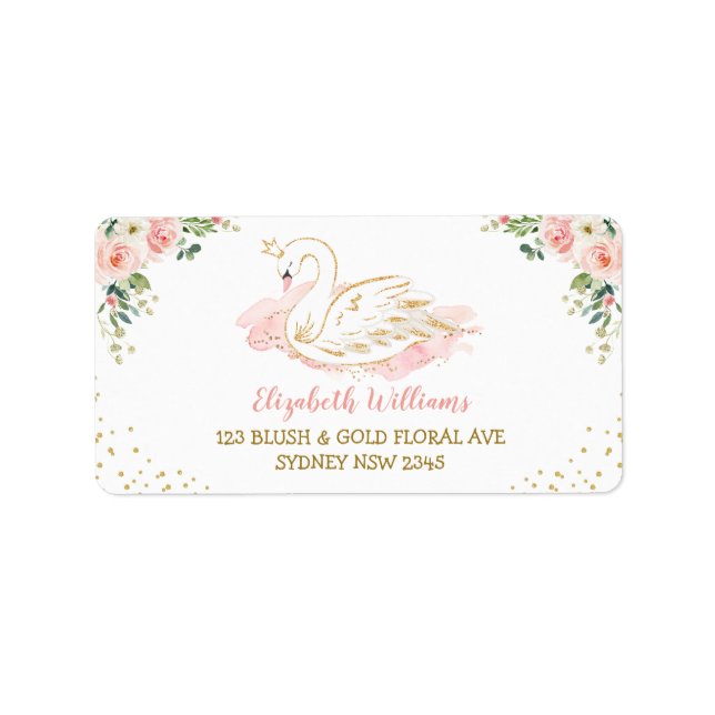 Etiqueta Bonito Blush Floral Swan Princess Endereço de Reto (Frente)
