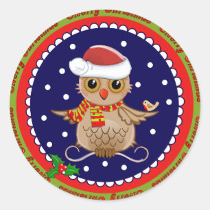 Etiqueta bonito do Feliz Natal com coruja do papai